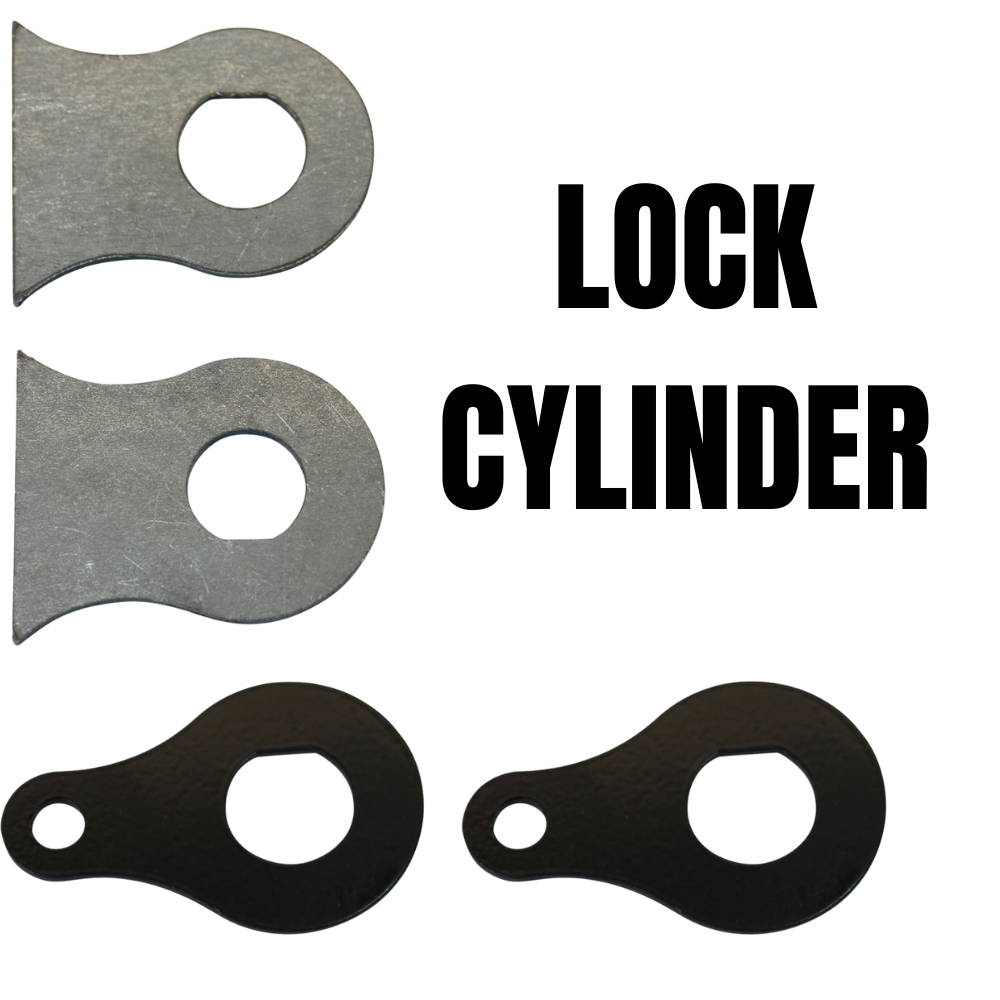 Four TC Bros. Ignition Switch Mounting Tabs—two silver, two black—each with a keyhole cutout and small extension, ideal for chopper ignition switches. Bold "LOCK CYLINDER" text appears on the right. Brand: TC Bros.