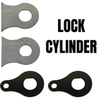 Four TC Bros. Ignition Switch Mounting Tabs—two silver, two black—each with a keyhole cutout and small extension, ideal for chopper ignition switches. Bold "LOCK CYLINDER" text appears on the right. Brand: TC Bros.