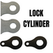 Four TC Bros. Ignition Switch Mounting Tabs—two silver, two black—each with a keyhole cutout and small extension, ideal for chopper ignition switches. Bold "LOCK CYLINDER" text appears on the right. Brand: TC Bros.