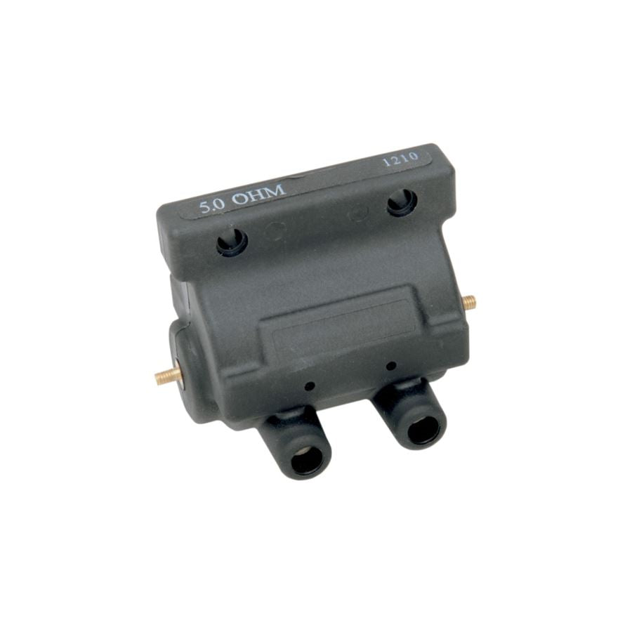 A black electrical connector on a white background that is the 5 ohm Dual Fire Coil - for Points Ignition - OEM 3160965 made by Drag Specialties.