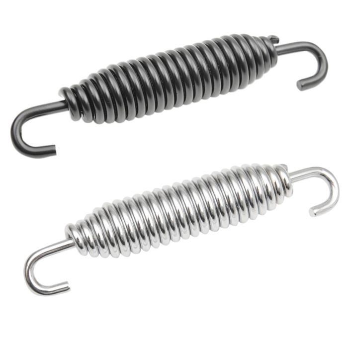 Close-up of a black Moto Iron® Kickstand Spring for Harley-Davidson 1985-2022, featuring tightly coiled wire and hooks at both ends on a white background—perfect for Jiffy Stand repairs.
