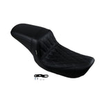 The Le Pera Kickflip Seat - Diamond - Black - FXLR, FXLRS, FXLRST, FLSB '18-'24 from the brand Le Pera features a sleek and stylish design. Crafted from black leather, this seat adds a touch of elegance to any motorcycle. Its diamond pattern adds a unique and luxurious element to the overall look.