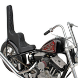 Two black, diamond-stitched TC Bros. King & Queen Hardtail Seats by TC Bros.—one mounted on a partially shown motorcycle—evoke classic Harley-Davidson chopper style.