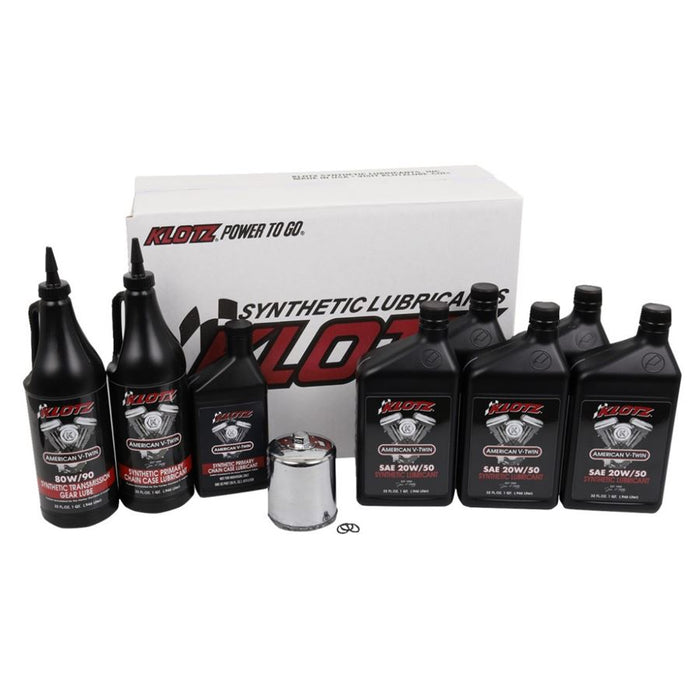 Klotz Complete Fluid Exchange (“All Three Holes”) Kit for Harley-Davidson Twin Cam and Milwaukee-Eight includes Klotz synthetic engine lubricant bottles and an oil filter, displayed before a white Klotz branded box.
