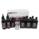 Klotz Complete Fluid Exchange (“All Three Holes”) Kit for Harley-Davidson Twin Cam and Milwaukee-Eight includes Klotz synthetic engine lubricant bottles and an oil filter, displayed before a white Klotz branded box.