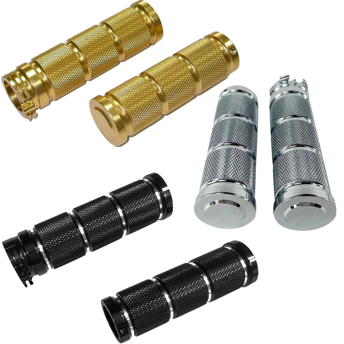Five pairs of Moto Iron® Knurled Billet Grips for Harley-Davidson, in gold, silver, and black, are arranged on a white background.