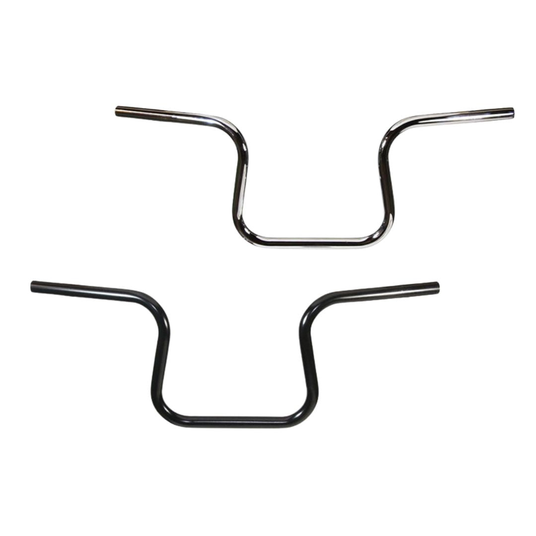 A chrome TC Bros. Lane Splitter Handlebar and a black motorcycle handlebar are shown side by side against a white background.