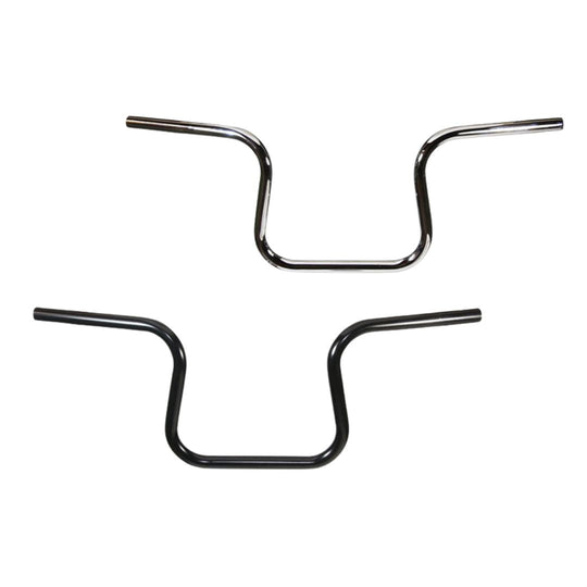 A chrome TC Bros. Lane Splitter Handlebar and a black motorcycle handlebar are shown side by side against a white background.