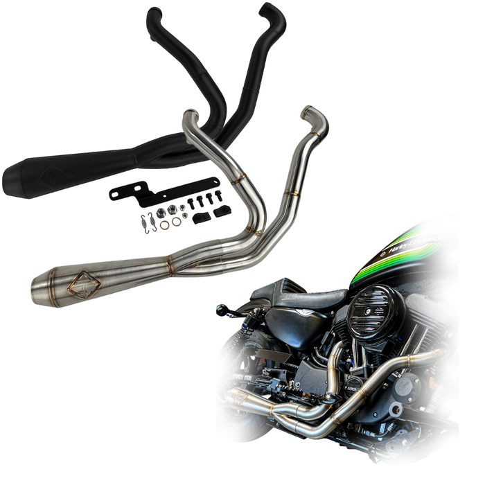 SP Concepts Exhaust System components for 2014-2022 Harley-Davidson Sportster, including stainless steel pipes, fasteners, and brackets, are shown both separately and installed on a motorcycle.