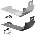 The TC Bros. Skid Plate for Harley-Davidson Sportster 2004-2022 includes black and silver aluminum plates with cut-out logos and mounting hardware, offering added engine protection.