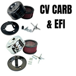 The TC Bros. Chrome Louvered Air Cleaner Kit for Harley-Davidson CV and EFI includes a chrome louvered cover, red filter element, black mounting plate, screws, and wing nut.