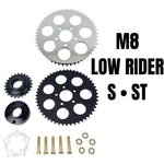 The TC Bros. Belt-to-Chain Drive Conversion Kit for 2018-up Harley-Davidson Low Rider S and ST is shown with sprocket, bolts, and accessories labeled "M8 LOW RIDER S • ST" on a white background.
