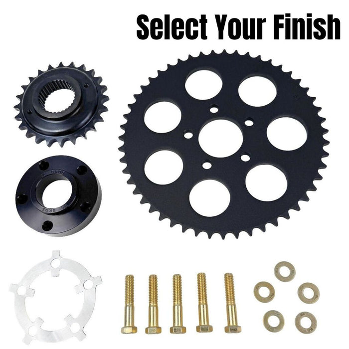 The TC Bros. Belt to Chain Drive Conversion Kit for 2018-Up Harley Davidson M8 Softail includes a large sprocket, small gear, hub, and hardware arranged on a white background—perfect for Milwaukee-Eight-powered models.