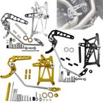 TC Bros. Pro Series Mid Controls for 2018-Up M8 Softail shown in silver, gold, and black with mounting hardware, plus an inset of the controls installed on a Harley-Davidson Softail.