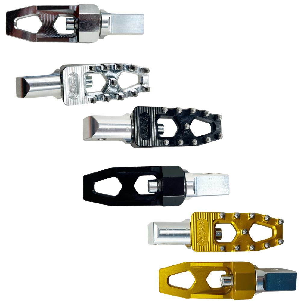 Six styles of TC Bros. Pro Series MX Lite CNC-machined aluminum footpegs for 2018-up Harley-Davidson (passenger position) are shown vertically, featuring silver, black, and gold finishes with unique designs.