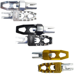 Three pairs of TC Bros. Pro Series MX Lite Footpegs for 2018-up Harley-Davidson, shown in silver, black, and gold with textured surfaces and mounting brackets—perfect rider position footpegs for any Harley enthusiast.