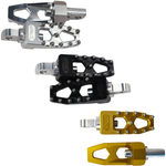 Four TC Bros. Pro Series MX Lite Footpegs for 1977-2022 Harley-Davidson in silver, black, and gold are arranged vertically on a white background.