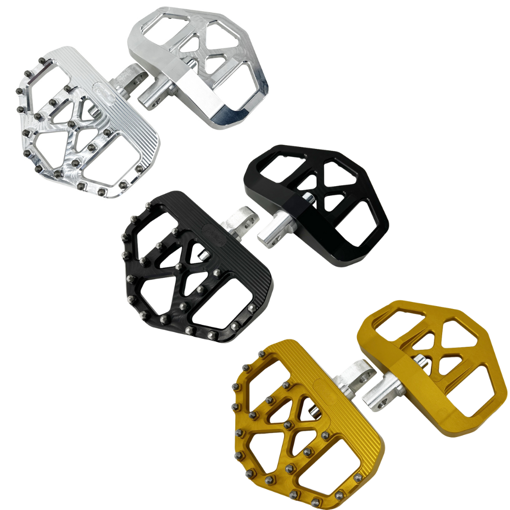 Three TC Bros. Pro Series MX Mini Floorboards for 1977-2022 Harley-Davidson in silver, black, and gold are shown on a white background, each featuring flat metal platforms with grip pins for adjustable foot peg mounting.
