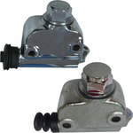 A pair of Moto Iron® Chrome Rear Master Cylinders for 1973-E1979 Harley-Davidson Big Twin, each with black rubber boots, displayed from various angles—perfect for disc brake systems.