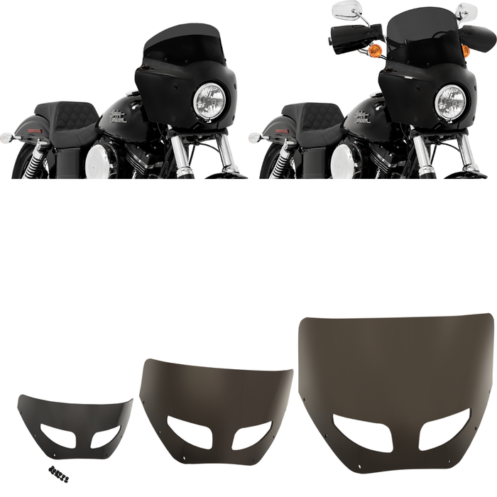 Two motorcycles display black front fairings, including a Road Warrior Fairing equipped with the Memphis Shades Windshield. Below them are three separate black Memphis Shades pieces, made from Lucite in different shapes and with various cutouts.