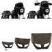 Two motorcycles display black front fairings, including a Road Warrior Fairing equipped with the Memphis Shades Windshield. Below them are three separate black Memphis Shades pieces, made from Lucite in different shapes and with various cutouts.