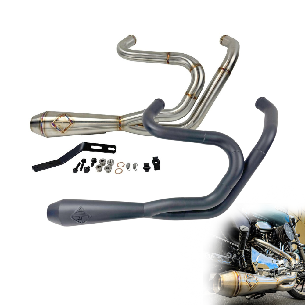 The SP Concepts Exhaust System for 2004-2013 Harley-Davidson Sportster includes pipes, mounting hardware, and features a small image showing the installed exhaust on a Sportster motorcycle.