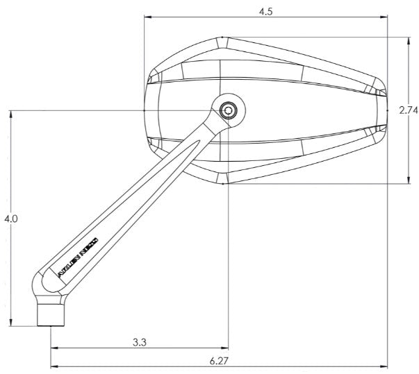 A diagram showing the dimensions of an Arlen Ness Mini Stocker Forged Mirror, Black - Left.