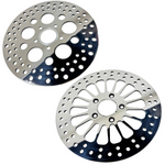 Two shiny, round Moto Iron® 11.5" Rear Brake Rotors for Harley-Davidson (1984-2025) are displayed side by side with different cutout patterns on a white background.