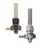 An image of a Moto Iron® Left Side Spigot 13/16" Female Fuel Valve Petcock with a brass handle and chrome finish.