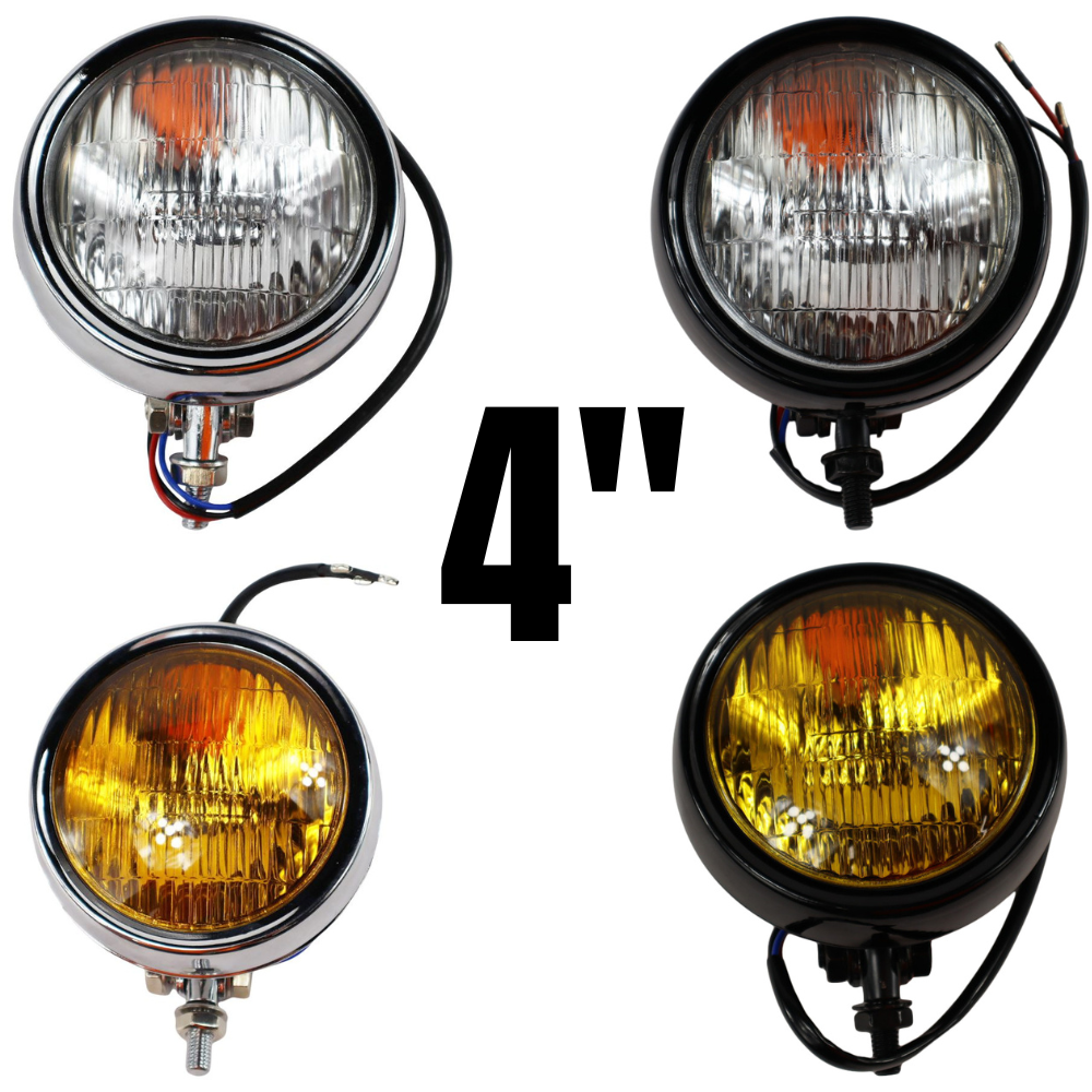 Four Moto Iron® 4" Headlights are displayed: two clear, two yellow, with chrome or black housings and visible wiring—perfect as chopper headlights.
