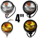 Four Moto Iron® 4" Headlights are displayed: two clear, two yellow, with chrome or black housings and visible wiring—perfect as chopper headlights.