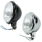 The Moto Iron® Black Chopper Round Headlight 5.75" features a classic black, round design with a clear lens and three exposed wires in blue, green, and yellow. Ideal for choppers and bobbers, it adds a vintage charm with its timeless styling.