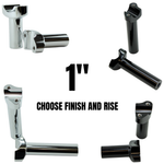 Four Moto Iron® Forged Risers for Harley-Davidson, shown in chrome and black finishes, are displayed with the text "1'' CHOOSE FINISH AND RISE" in the center.