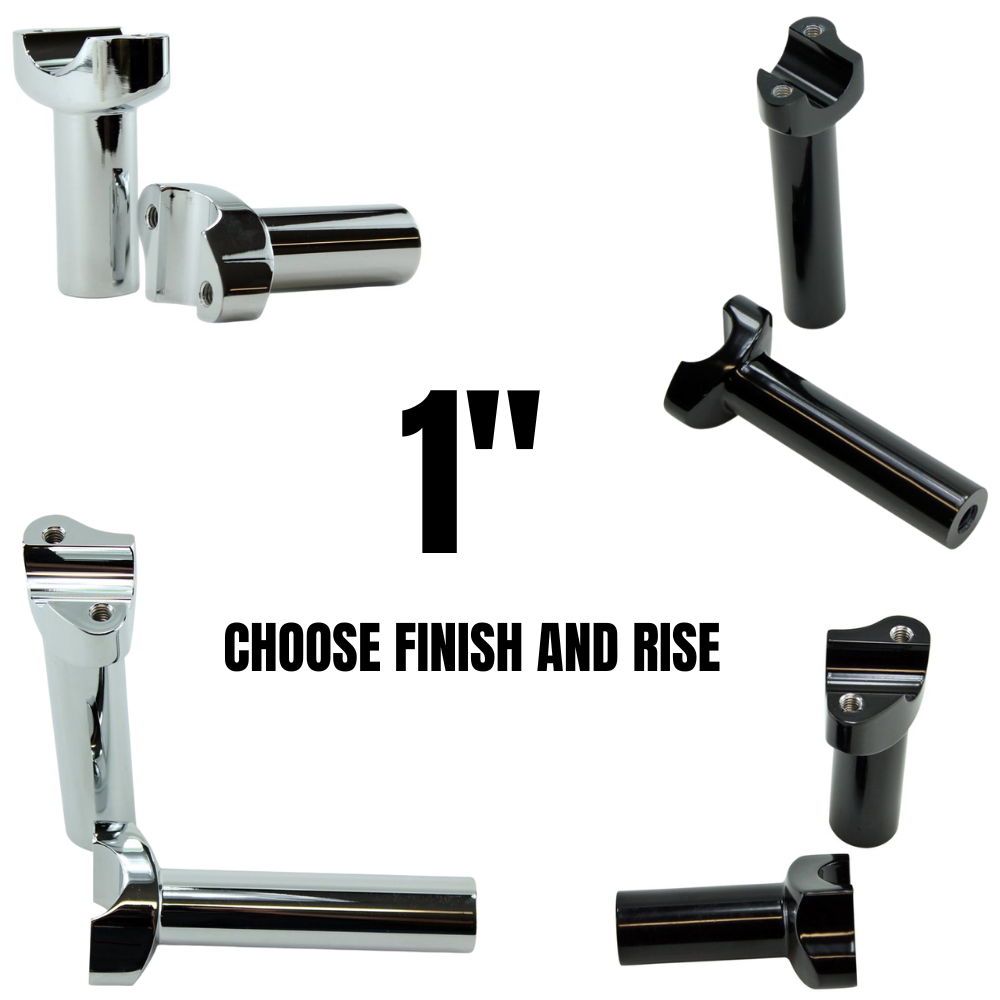 Four Moto Iron® Forged Risers for Harley-Davidson, shown in chrome and black finishes, are displayed with the text "1&