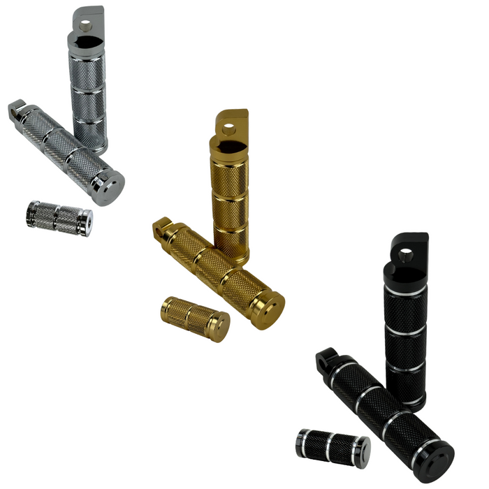Three sets of Moto Iron® Knurled Footpeg/Toe Peg for Harley-Davidson in silver, gold, and black—each set includes one large and one small CNC-machined aluminum peg with a knurled finish, displayed on a white background.