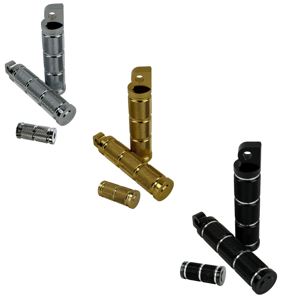 Three sets of Moto Iron® Knurled Footpeg/Toe Peg for Harley-Davidson in silver, gold, and black—each set includes one large and one small CNC-machined aluminum peg with a knurled finish, displayed on a white background.