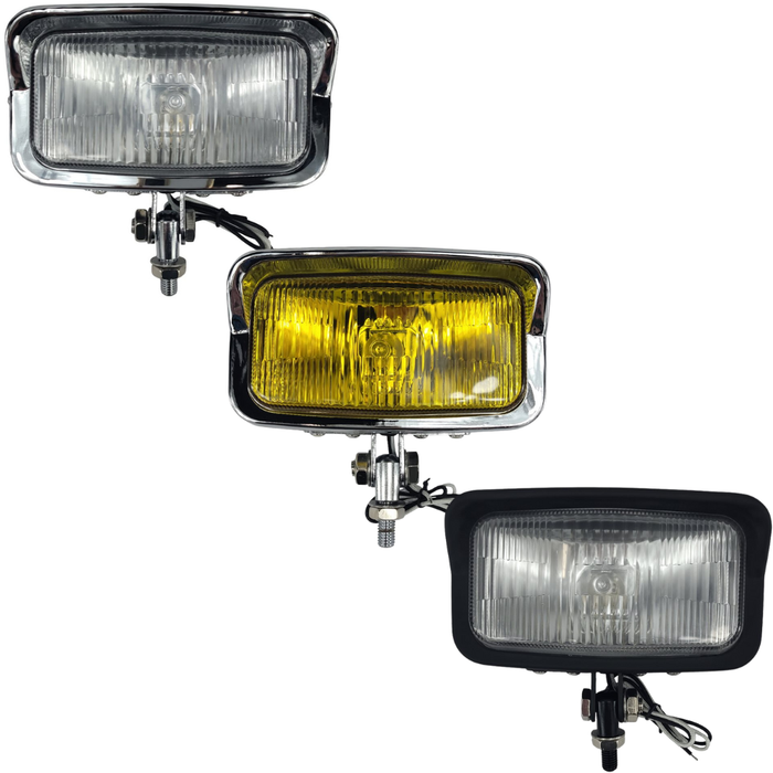 The Moto Iron® Rectangle Headlight set includes three glass-lens lights—clear, yellow, and clear—each with adjustable brackets, wiring, and H3 halogen bulbs for optimal brightness.