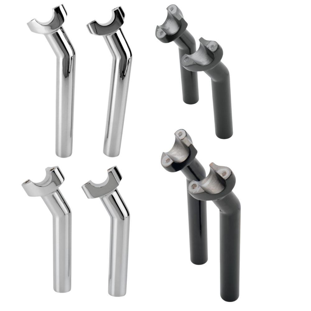 Two chrome and two black Moto Iron® Pullback Risers for Harley-Davidson 1 inch handlebars, each cylindrical with a curved notched end, displayed on a white background.