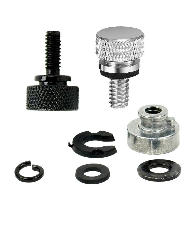The Moto Iron® Seat Screw Mount Kit for 1997-Up Harley-Davidson includes a knurled thumb screw, slotted retainer, cylindrical nut, and three washers—perfect for motorcycle seat repairs—displayed on a white background.