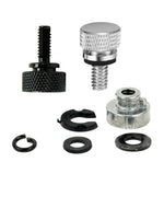 The Moto Iron® Seat Screw Mount Kit for 1997-Up Harley-Davidson includes a knurled thumb screw, slotted retainer, cylindrical nut, and three washers—perfect for motorcycle seat repairs—displayed on a white background.