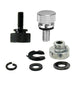 The Moto Iron® Seat Screw Mount Kit for 1997-Up Harley-Davidson includes a knurled thumb screw, slotted retainer, cylindrical nut, and three washers—perfect for motorcycle seat repairs—displayed on a white background.