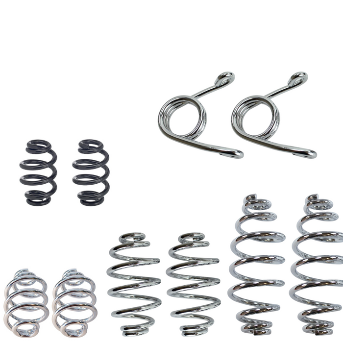 The Moto Iron® Moto Iron Solo Seat Springs set includes eight metal springs in assorted shapes and sizes—coiled and torsion types—perfect for motorcycle seat use, shown on a white background.