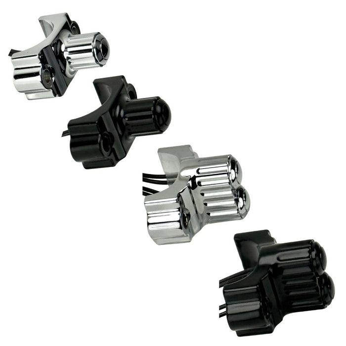 Four Moto Iron® Brake/Clutch Mounted Switches and black handlebar switch housings are arranged diagonally on a white background.