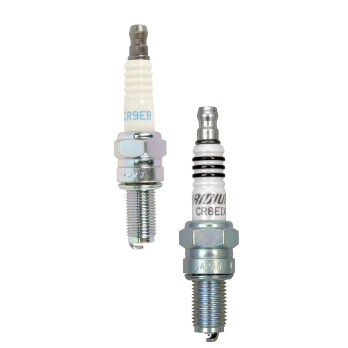 A CR9EB spark plug next to an NGK Spark Plug for Harley-Davidson M8 and XG CR8EIX spark plug.