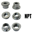 Six TC Bros. NPT Mounting Bungs by TC Bros. are shown on a white background with "NPT" in bold black text—perfect for motorcycle fabrication or use as threaded bungs in custom projects.