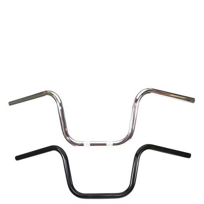 The TC Bros. 1" Narrow Mini Apes Handlebar by TC Bros. features an upward and slightly backward curve, evoking classic Harley style, shown here in black against a plain white background.