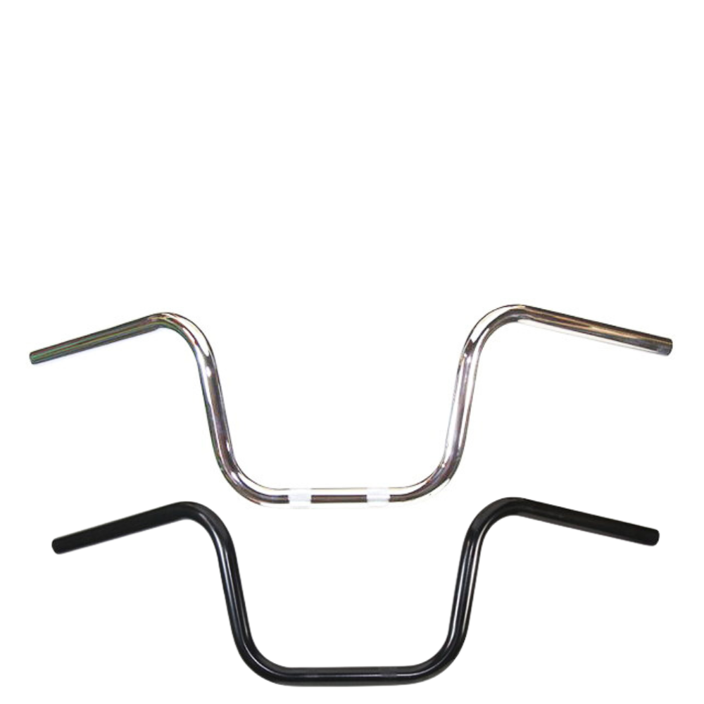 The TC Bros. 1" Narrow Mini Apes Handlebar by TC Bros. features an upward and slightly backward curve, evoking classic Harley style, shown here in black against a plain white background.