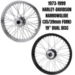 A Moto Iron® 19” × 2.15” front wheel for 1973-1999 Harley-Davidson Big Twin, featuring chrome spokes, central hub, and valve stem, photographed against a white background.