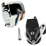 A chrome and a black Mid-USA Narrowglide Caliper for 1984-1999 Harley-Davidson Big Twin and Sportster shown with a single mounting bolt.