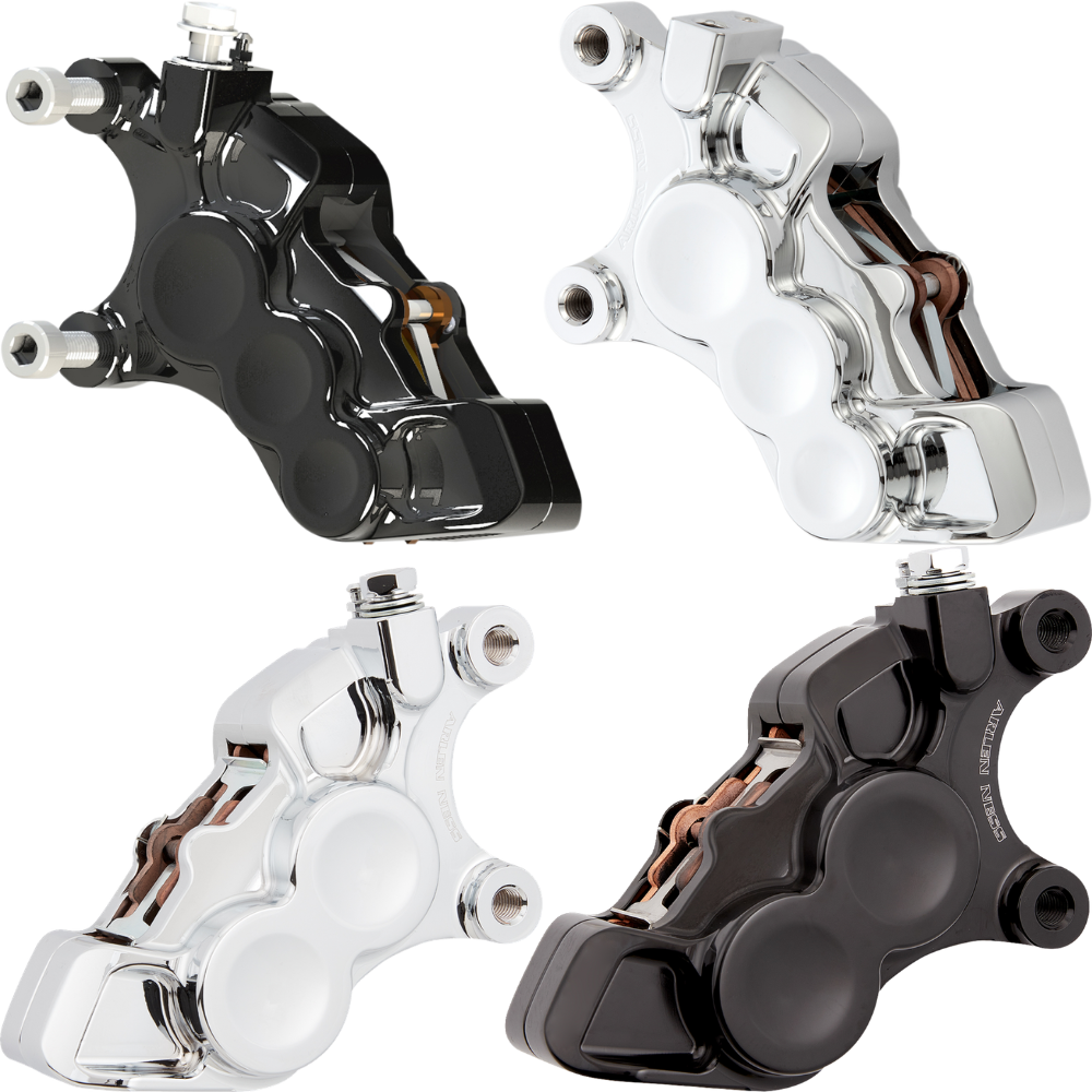 Four Arlen Ness Ness-Tech Differential Bore Front Calipers for 2008-Up Harley-Davidson, two in black and two in chrome, shown from different angles.